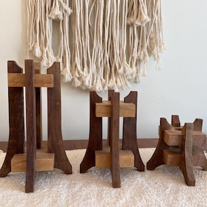 Three Geometric Wood Candle Holders Mid-Century Candlesticks Danish  (3611)