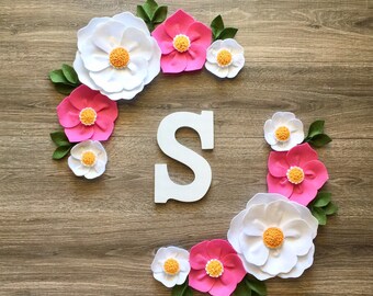 Pink and White Flower Wall Decor, Nursery Flower Decor, First Birthday Backdrop, Girl Nursery, Felt Flower Wall Decor, Large Felt Flowers