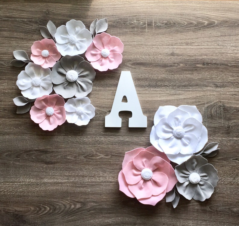 Pink and Gray Flower Wall Decor, Nursery Flower Decor, First Birthday Backdrop, Girl Nursery, Felt Flower Wall Decor, Large Felt Flowers image 3