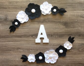 Flower Wall Decor in Black and White, Nursery Flower Decor, First Birthday Backdrop, Girl Nursery, Felt Flower Wall Decor, Large Felt Flower