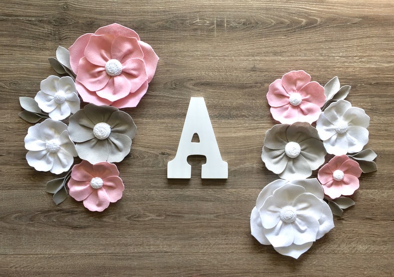 Pink and Gray Flower Wall Decor, Nursery Flower Decor, First Birthday Backdrop, Girl Nursery, Felt Flower Wall Decor, Large Felt Flowers image 2