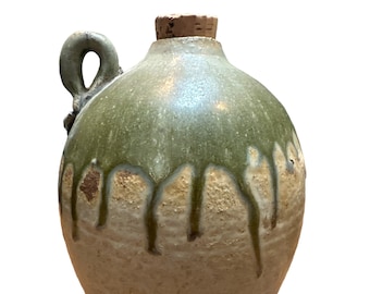 Vintage 60/70’s Stoneware Glaze Overlay Hand Turned Thrown 5.5x4.5” Pottery Art Handled Jug Bottle Cork Signed