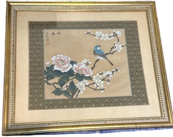 Vintage 70’s Hand Ink Painted Artist On Silk Chinese Floral Framed Bird Art Painting