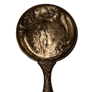 Vintage 30’s Art Nouveau Silver Plated Floral Pixie Sprite Woman Handheld Dresser Mirror
