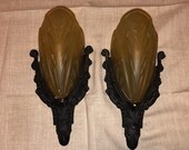 Antique 20 30 s Art Deco Nouveau Iron Scroll Amber Glass Slipper Shades Pair Of Wall Sconce Theatre Lighting Lamp Pair