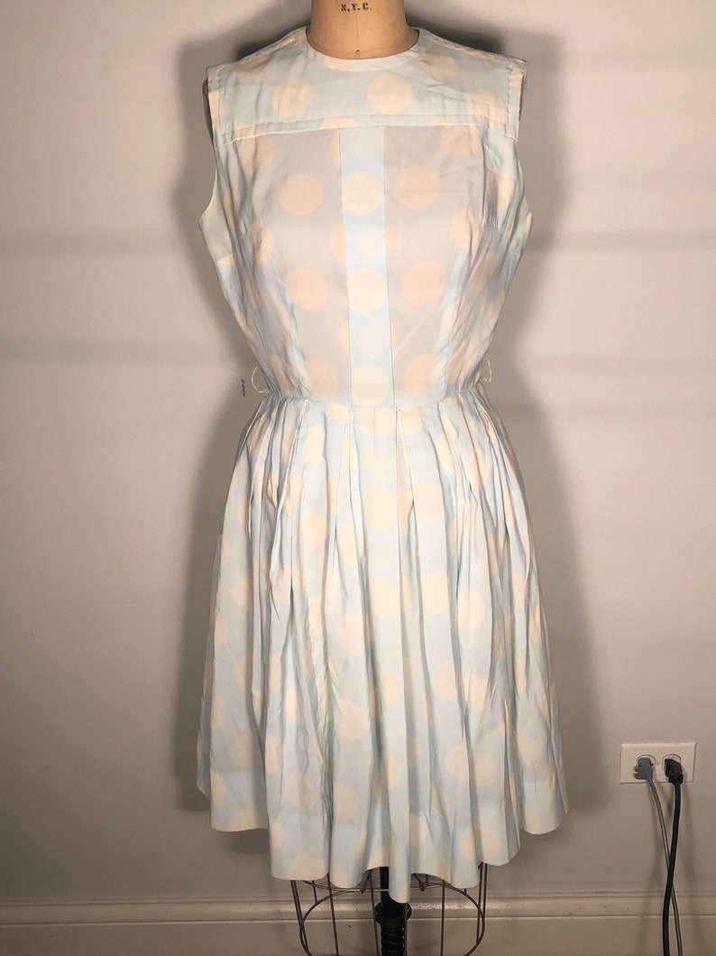 Vintage 50/'s Sue Brett Junior Pale Blue White Polk A Dot Swing Unlined Dress