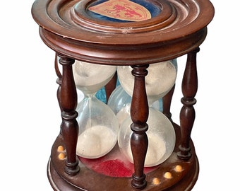 Vintage 50’s 16th Century Reproduction Mahogany Glass Sand Triple Three Hourglass Timer Lion End insets