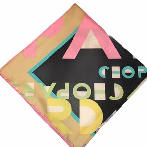 Vintage 90’s Chopard Art Deco Spell Out Logo Name Silk Colorful Wrap Scarf Hollywood Glam 34x34 Made In Italy New Old Stock In Box