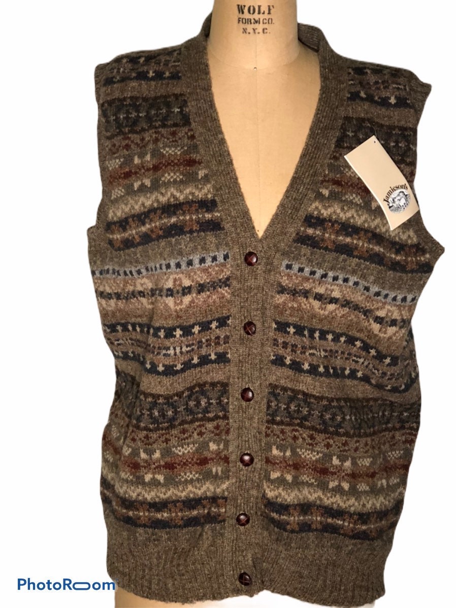 Vintage 90's Jamieson's Shetland Wool Fair Isle Leather Vintage 90's Jamieson's Shetland Wool Fair Isle Leather