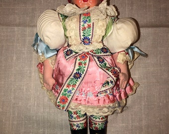 Vintage 40's Dutch Girl 13" Composición compuesta Vestido tradicional Cuerpo de tela Muñeca