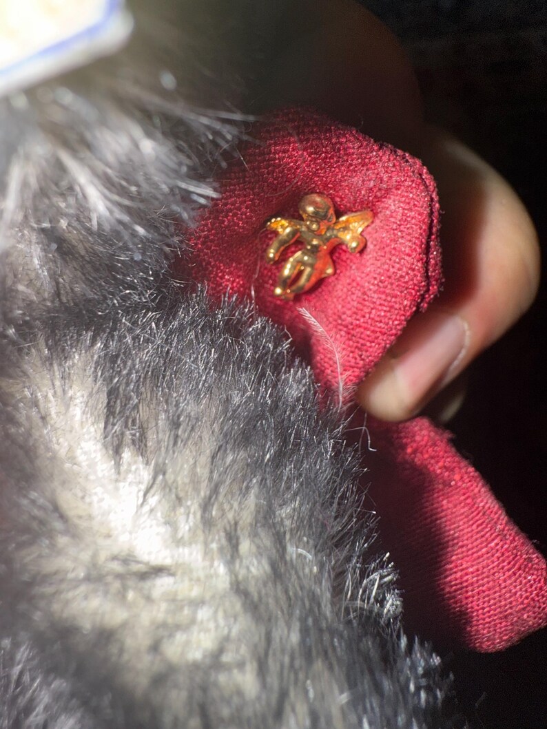 May include: A gold-colored cherub pin is attached to a piece of red fabric. The cherub has outstretched wings and is in a flying pose. The fabric is held in a person's hand, with gray fur in the background.