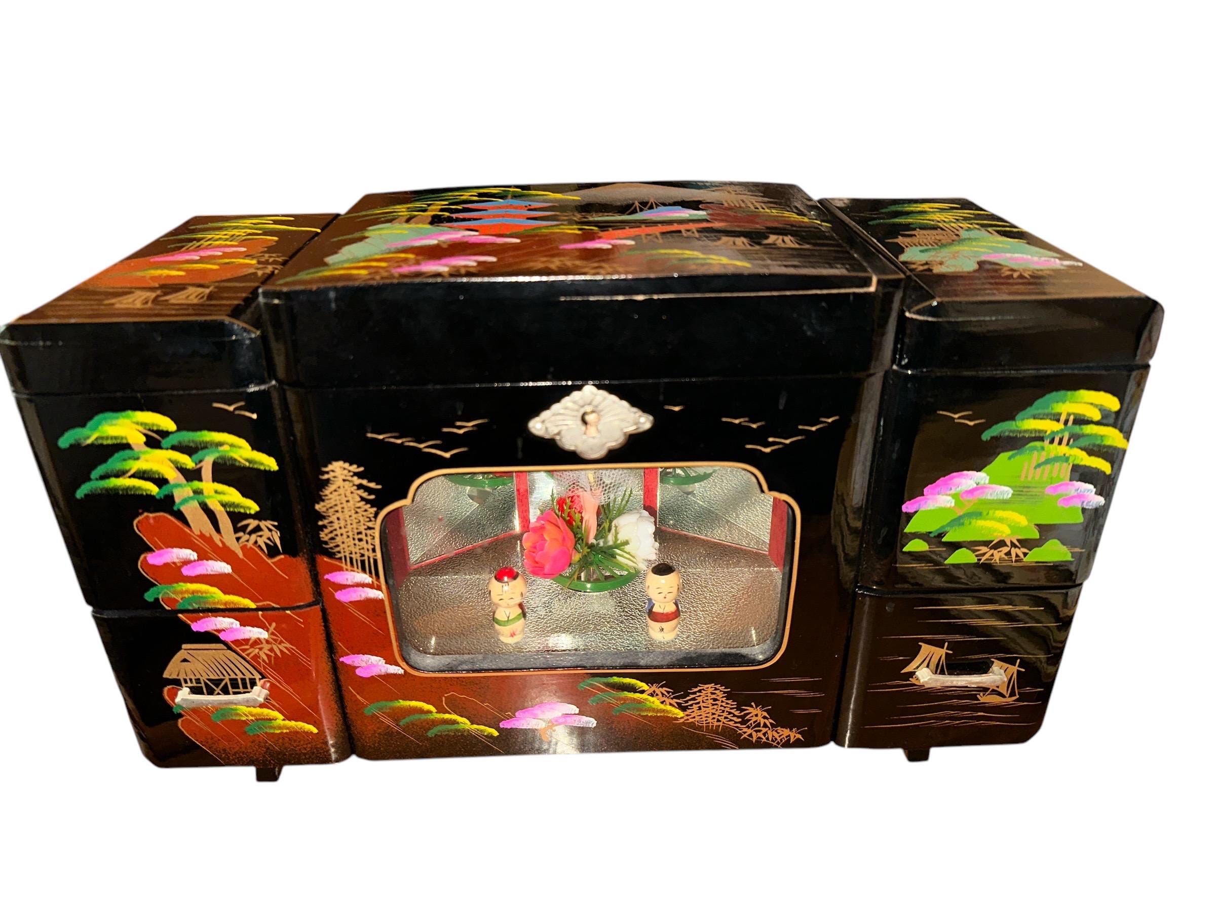 Vintage 70's Black Lacquer Hand Painted Japanese Chest Dancing
