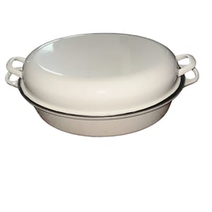 May include: White enamel cast iron Dutch oven with a lid and two handles on each side.