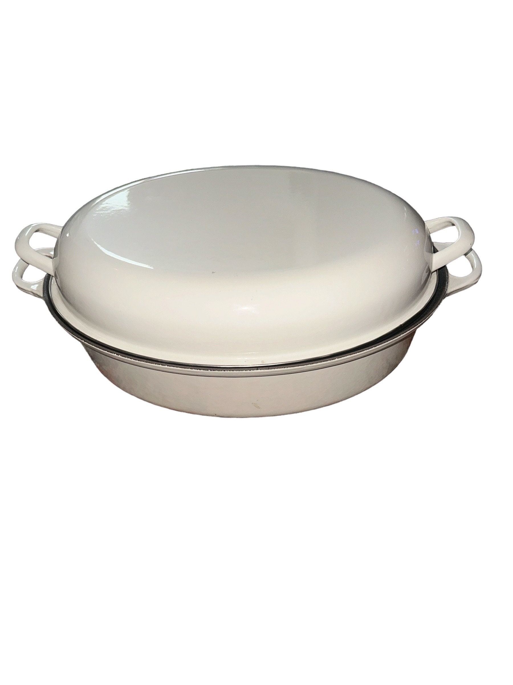 Vintage 90's Le Cruset White Enameled Cast Iron Ribbed Roaster Lid