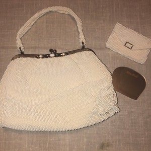 Vintage 70's Petite Bead By Lumared Chic Hollywood Glam White Beaded Gold Trim Coin Purse Mirror Handbag Purse Bag USA Made