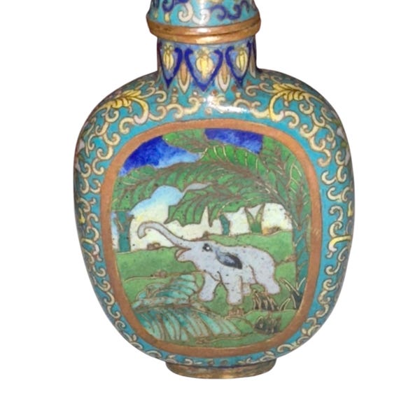 Antique 19th Century Qing Dynasty Chinese Cloisonne Brass 2 Panel Elephant Elephants Intricate Inlay 3” Snuff Bottle Signed
