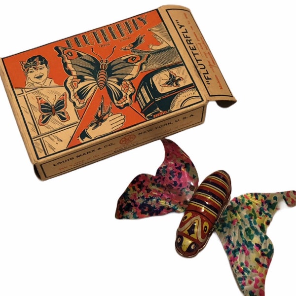 Antique 1929 MARX Flutterfly Tin Litho Wind Up Clockwork Celluloid Wings Original Box Suction Cup And Key