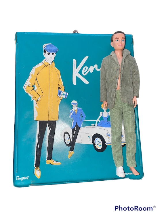 Vintage 60's Mattel Inc Ken Doll Felt Hair Blue Case Green Cord