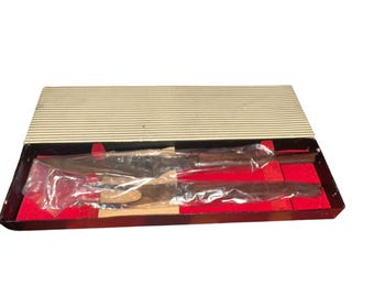 Vintage 50’s YAX Stainless Steel Wood Handle MCM Mid Century Modern Carving Fork Knife Set New Old Stock In Box Made In Japan