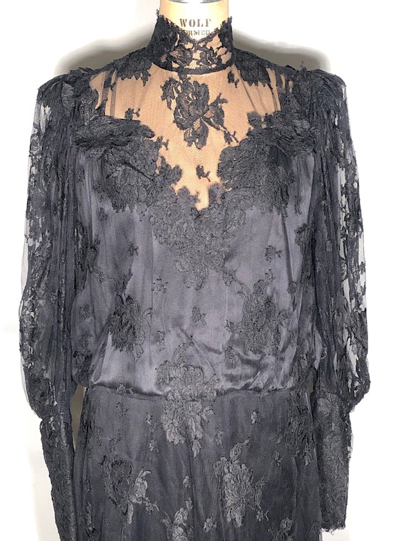 phase 8 becky lace dress Vintage 80's Becky Bisoulis Kane's Chicago Black Floral Lace Overlay Fully  Lined Sheer Sleeves Evening Adams Family Maxi Dress