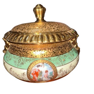 Vintage 50’s 24kt Gold Lidded Hand Painted Porcelain Candy Nut Trinket Dish Bowl Art Nouveau Hollywood Regency