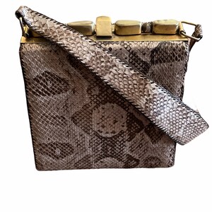 May include: A small, rectangular handbag made of brown snakeskin with a gold metal clasp and a long strap.