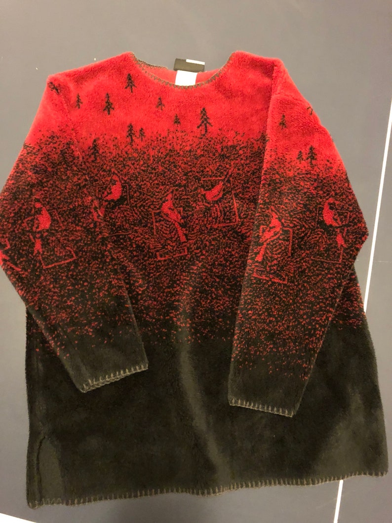 Vintage Artisans Sunschein Red Cardinal Winter Scene Super Cozy Ski Lodge Pullover Top Sweater USA