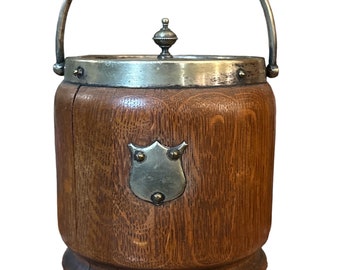 Vintage 20’s H.C and C English Oak Lined Silver Plate Tobacco Lidded Jar Biscuit Barrel 6x6” Made In England