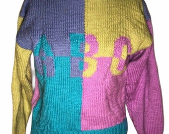 Vintage 80’s Color Block ABC 123 Girls Hand Knit Sweater