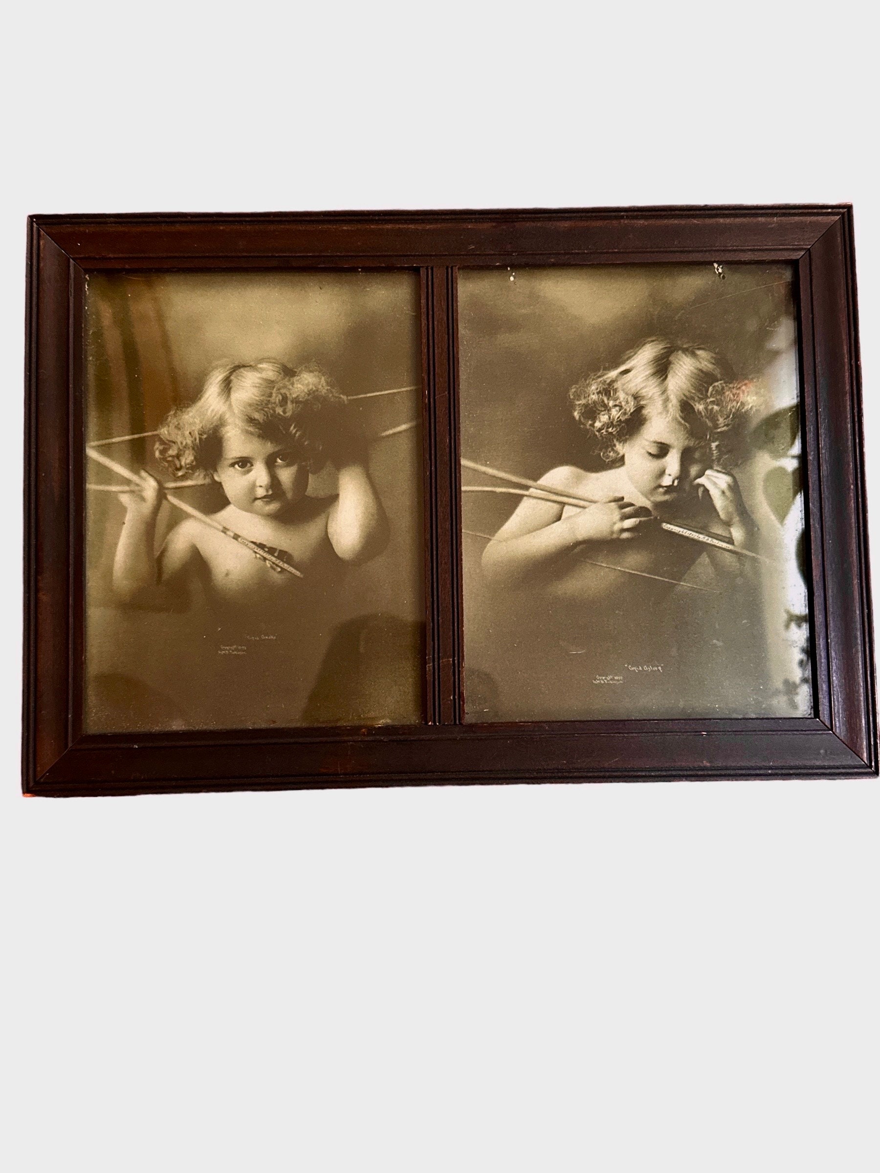 CUPID AWAKE ASLEEP Cherub Angel print in Gold Wood, Professionally  Vintage Cupid Asleep Framed Print: M.B. Parkinson Cherub Art main image 1