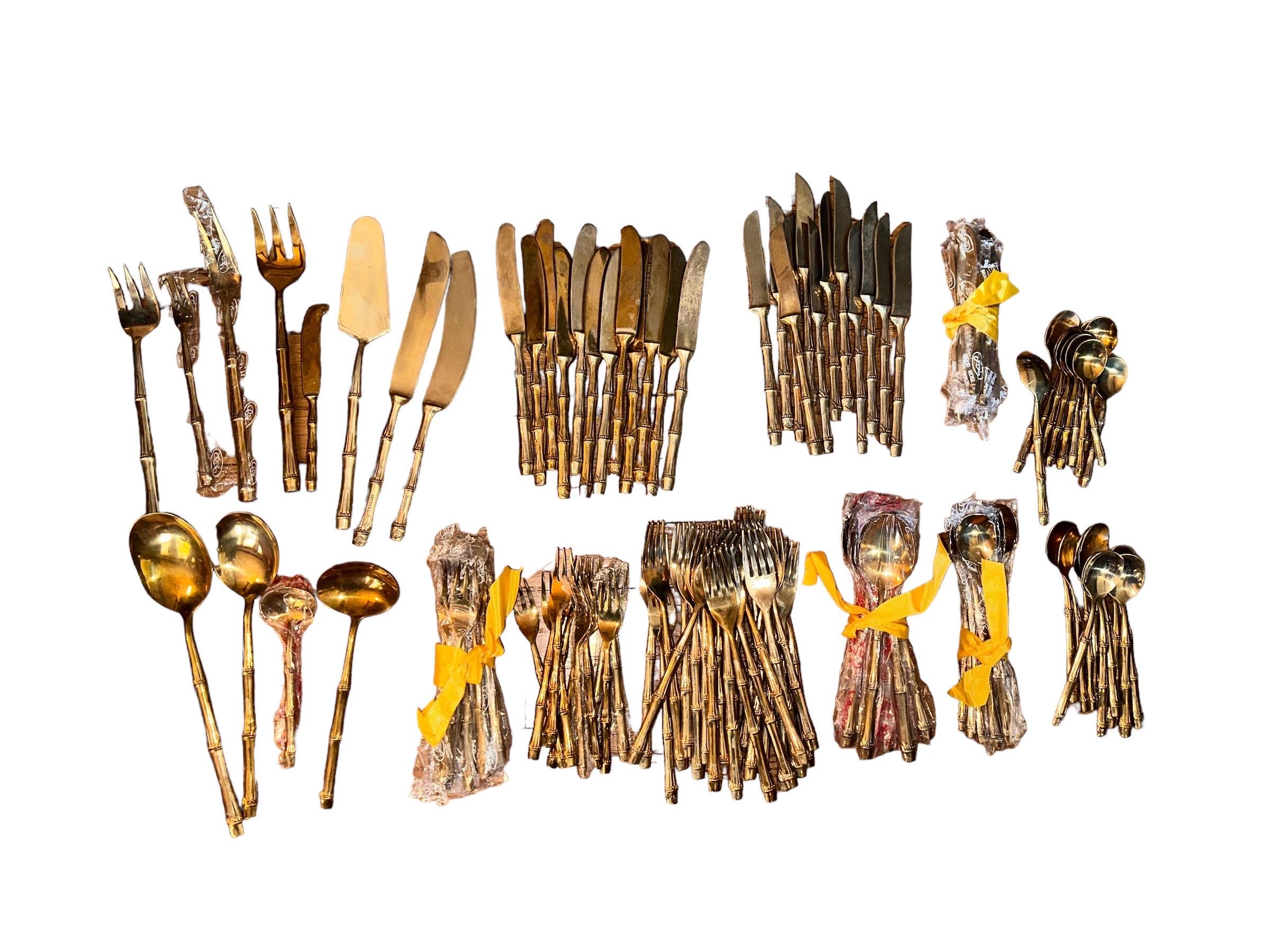 Vintage 70’s Scan Thai Bamboo Nickle Bronze Flatwear Serving Fork Knife Spoon Set Of 132 Pieces Service 12 Place Settings Made In Thailand