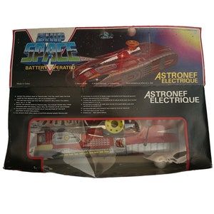 Vintage 80’s Tin Litho Astronef Electrique Space Ship Battery Operated Moving Toy Car Vehicle Original Box
