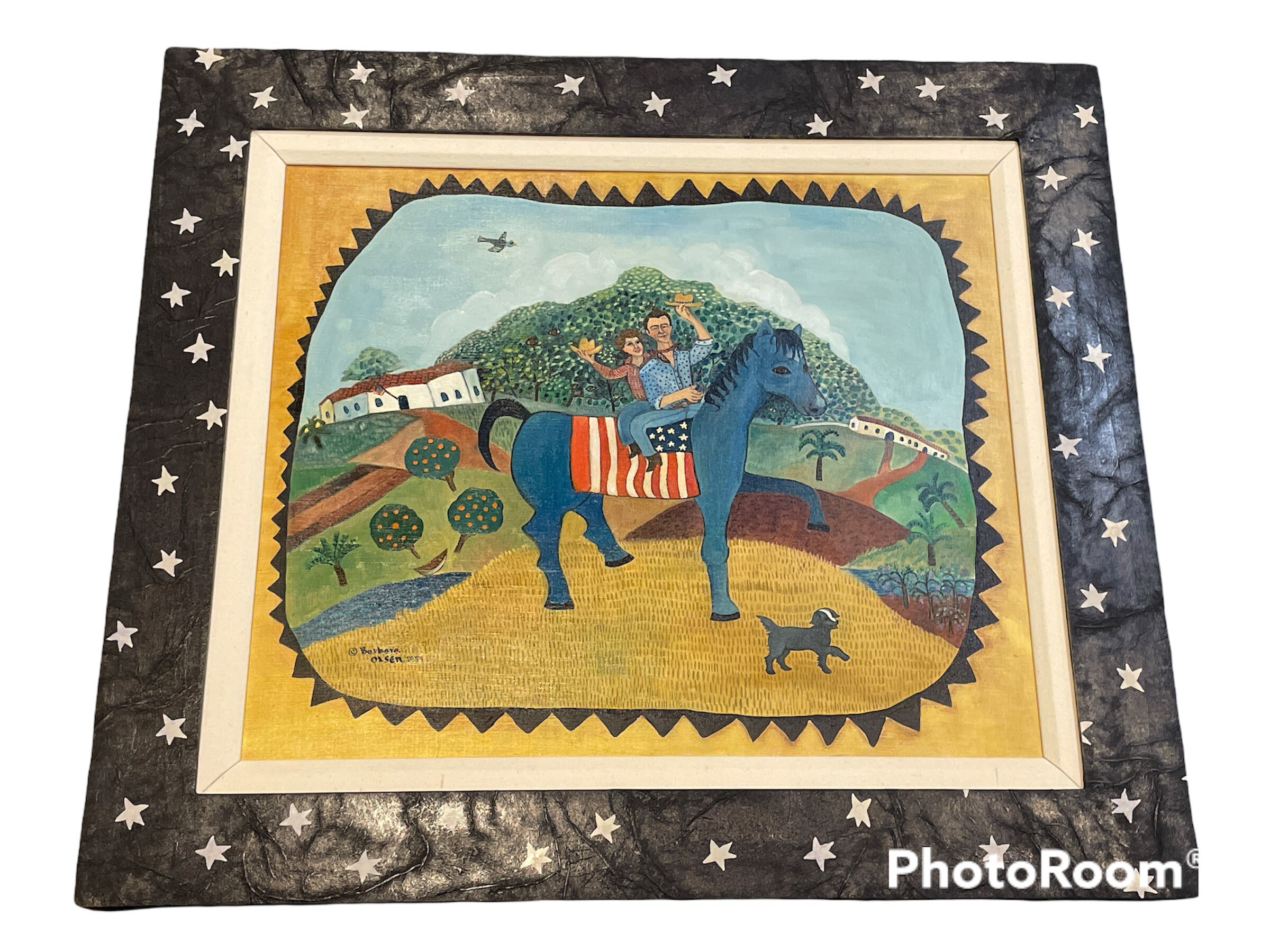 Vintage 1984 Barbara Olsen Oil On Canvas Original Signed Painting Ronald Nancy Regan Sitting President Tribute Patriotic Folk Art 32x28”