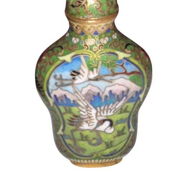 Antique 19th Century Qing Dynasty Chinese Cloisonne Brass Flying Crain Bird Scenery Intricate Inlay 2.5” Snuff Bottle