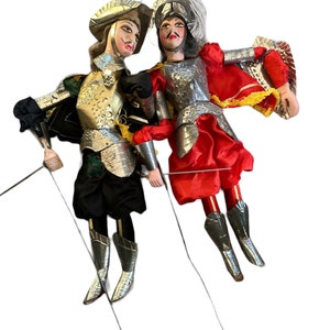 Vintage 70’s Sicilian 17” Wood Tin Knight Puppet Marionette Painted Toy Set Of 2