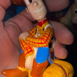 May include: A figurine of the character Woody from the animated film Toy Story. Woody is depicted in his signature cowboy outfit, including a yellow plaid shirt, blue pants, brown boots, and a brown hat. The figurine is held in a hand.