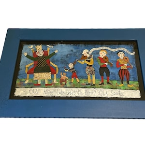 Vintage 90’s Barbara Olsen Oil On Board Original Signed Painting Old King Cole Matted Framed Folk Art 34x22” Nursery Rhyme Mixed Media