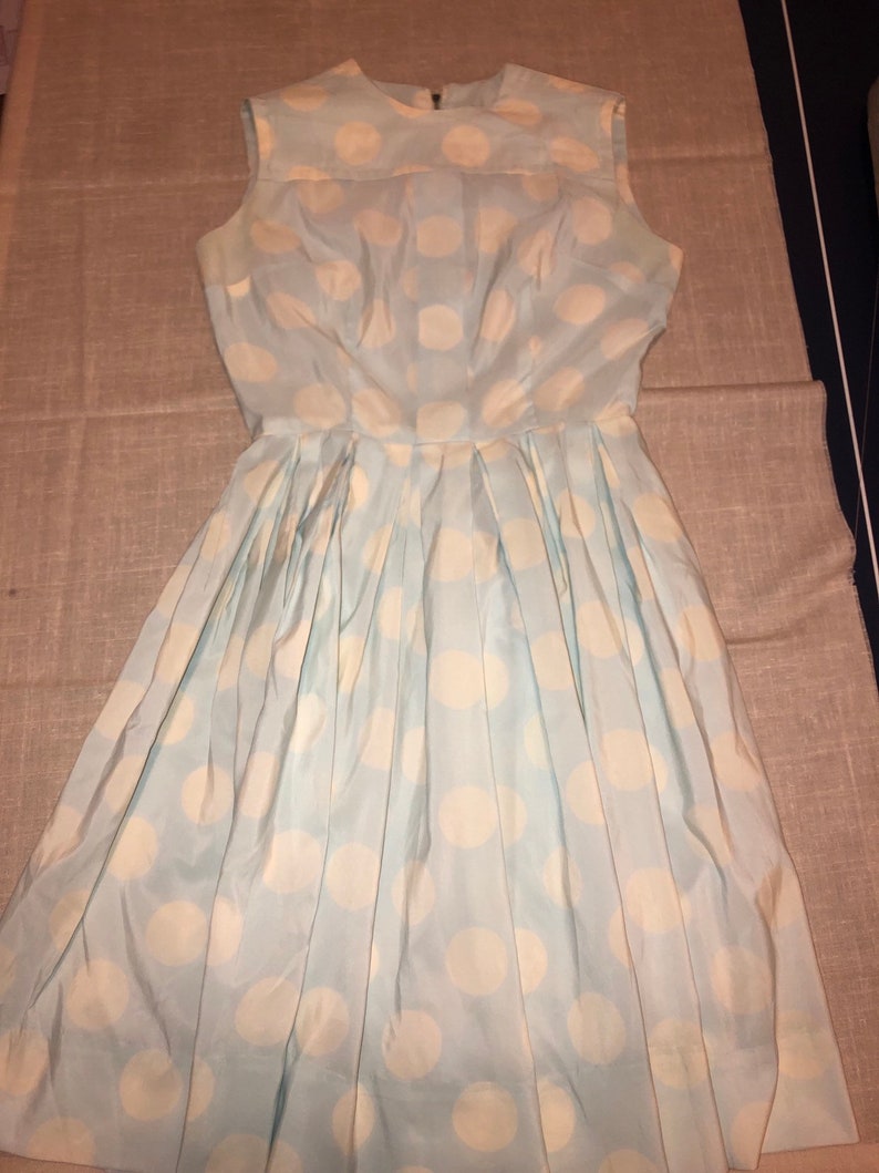 Vintage 50/'s Sue Brett Junior Pale Blue White Polk A Dot Swing Unlined Dress