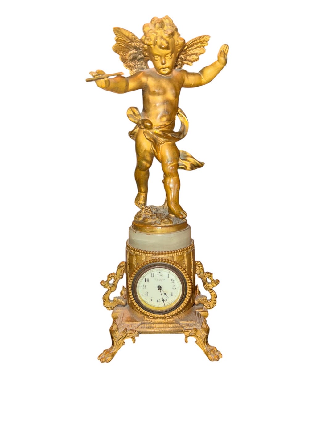 Baton Rouge Clock Antique 1890/91 New Haven Clock Co USA Gilt Gold Metal Marble Cherub ...
