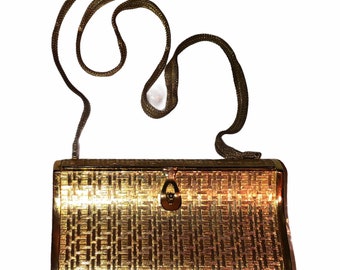 Vintage 70’s Rosenfeld Italy Gold Weave Hard Clam Shell Metal Mesh Strap Hollywood Glam Regency Handbag Purse Bag
