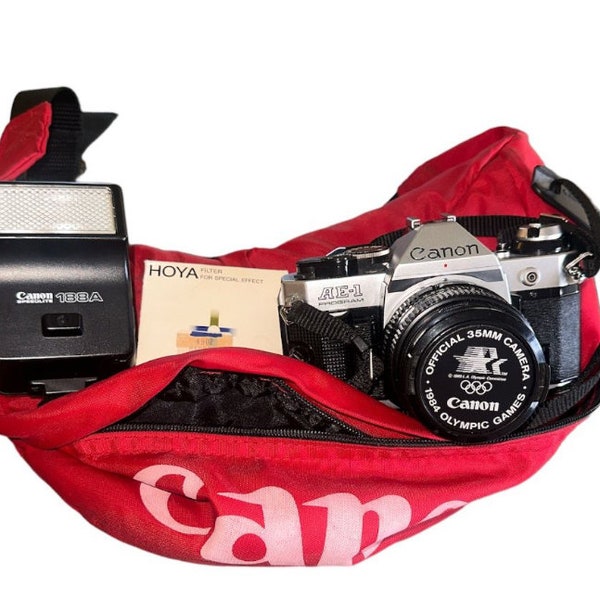 Vintage 80’s Canon AE-1 35mm Olympic Cap 50mm Lens Fanny Pack Bag Flash Hoya Filter Camera Set Made In Japan