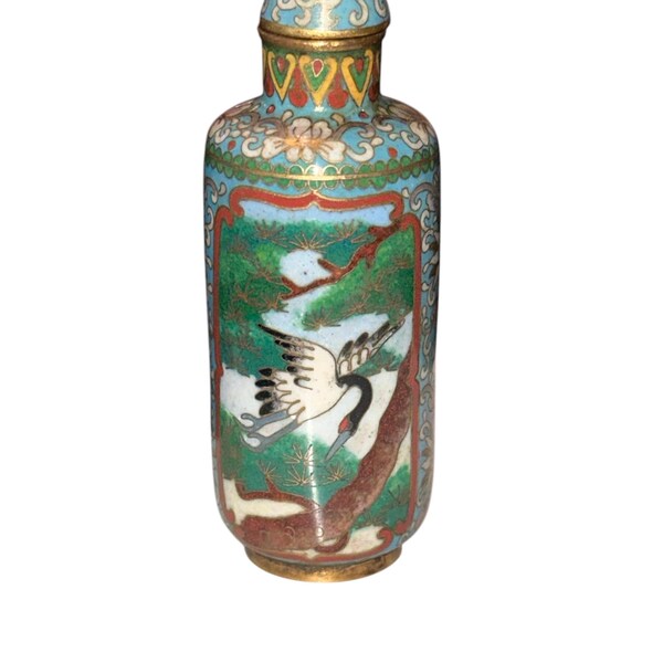 Antique 19th Century Qing Dynasty Chinese Cloisonne Brass Goose Crain Bird Scenery Intricate Inlay 3” Snuff Bottle