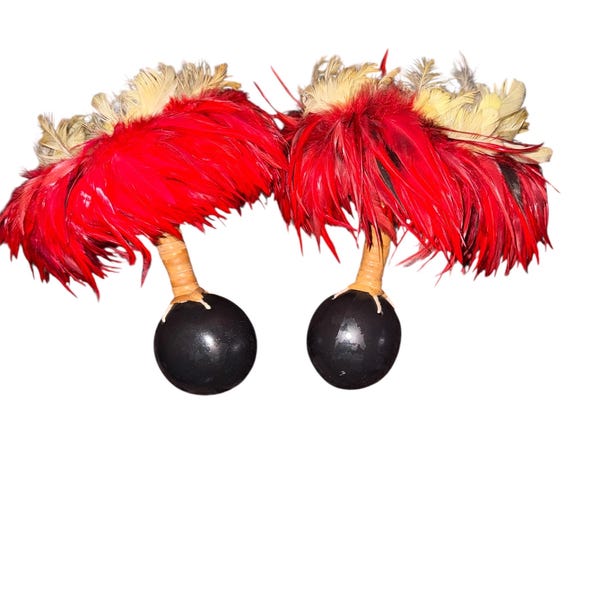 Vintage 80’s Hawaiian Hawaii Uli Uli Hula Dancer Feathers Gord Wrapped Hnadle Instrument Set Of 2