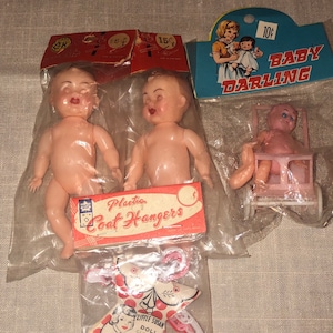 Vintage 50’s OK Dime Store Celluloid Baby Doll Stroller Baby Plastic Clothes Hangers 2 Dolls Hong Kong New In Package