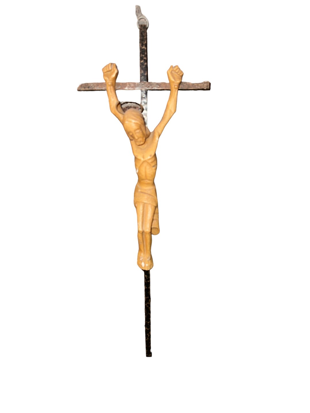 Vintage 60s Art Deco Christ Cross Crucifix Hammered Iron Wall Hanging