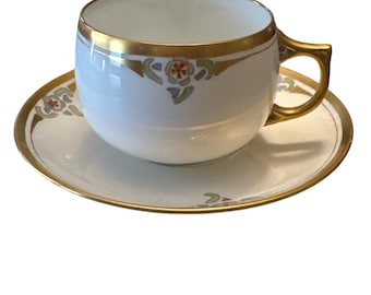 Vintage 20’s J&C MZ Bavaria Germany Austria Art Deco Nouveau Gold Painted Trim Teacup Tea Cup Saucer Set