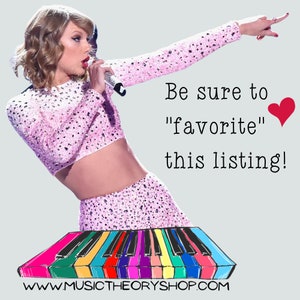May include: Image features a woman in a pink sequined outfit holding a microphone. Text reads "Be sure to 'favorite' this listing!" with a red heart. A colorful piano keyboard graphic is at the bottom, with the website address www.musictheoryshop.com.