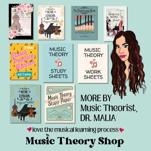 May include: A collection of music-themed stationery and journals. Includes notebooks, study sheets, and planners with musical instrument illustrations and text. The image also features a portrait of Dr. Malia, the music theorist, and the shop's name.