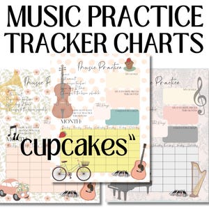 3 PRAKTISCH-TRACKER-CHARTS, Cupcake-Thema, Musik-Übungs-Tracker, Musikunterricht, Instrumente, Musiklehrer, druckbar, digitale Notizen