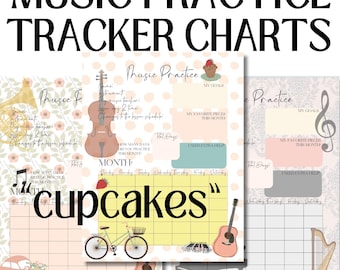 3 GRÁFICOS DE RASTREAMENTO DE PRÁTICA, Tema de Cupcake, Rastreador de Prática Musical, Aulas de Música, Instrumentos, Professor de Música, Imprimível, Anotações Digitais